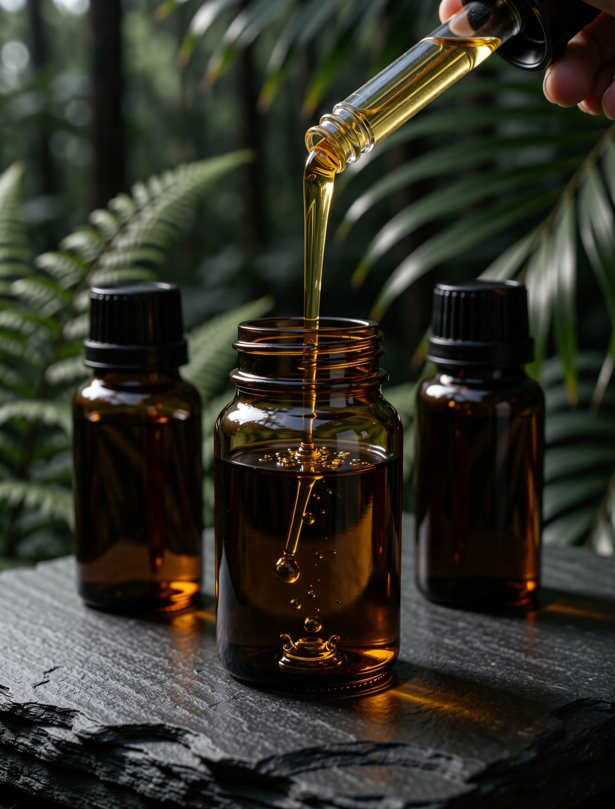 Dark amber glass vessel with botanical extract