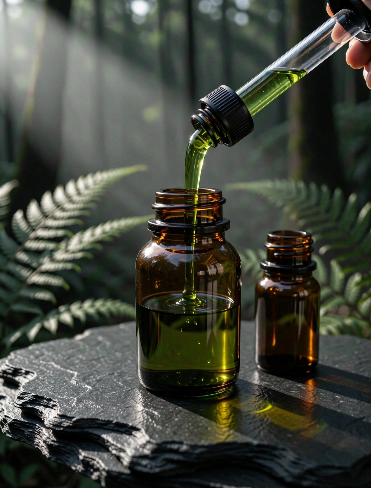 Botanical extraction process in a dark apothecary glass